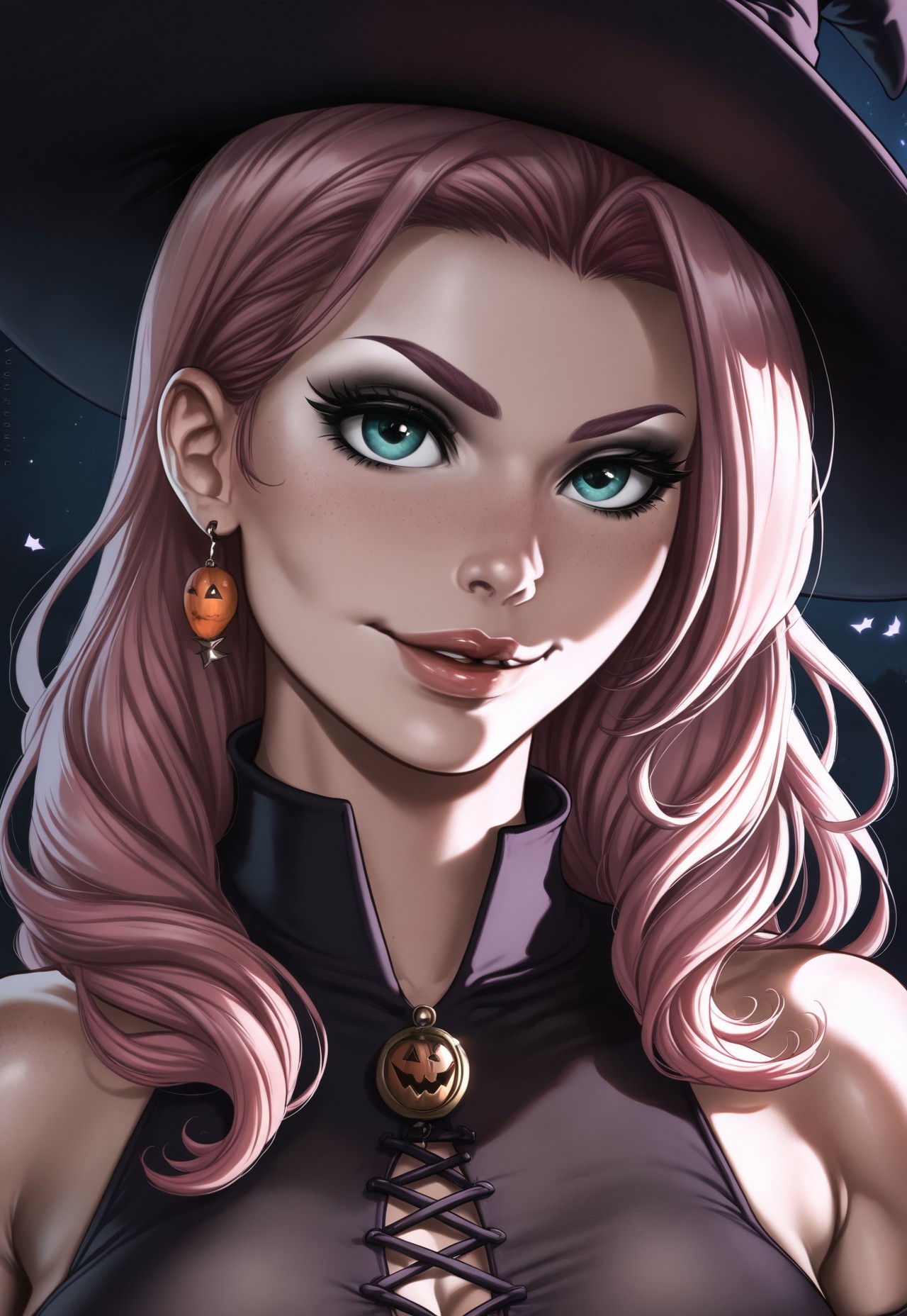 ((1girl, solo))
Afantasy painting, sorcery, witchcraft, A beautiful kind witch, enjoying Halloween night as a happy celebration.
(((witch hat, portrait, close up)))
(((full clothed)))
<lora:DandonFuga_Style_v.2_-_Pony:0.8>
 (8k uhd:1,4)
 <lora:add-detail-xl:1>
 <lora:Dynamic Poses:1>