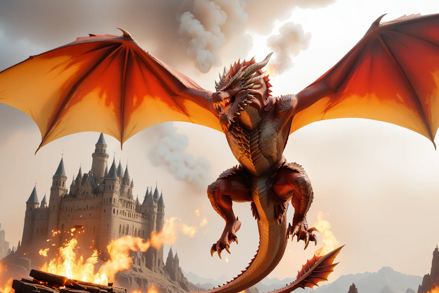 score_9, score_8_up, score_7_up, masterpiece, high quality, BREAK
<lora:DragonPonyLora:1> red dragon, teeth, monster, red scales, horns, claws, tail, wings, burning, red sky, breathing flammes, flying, sky