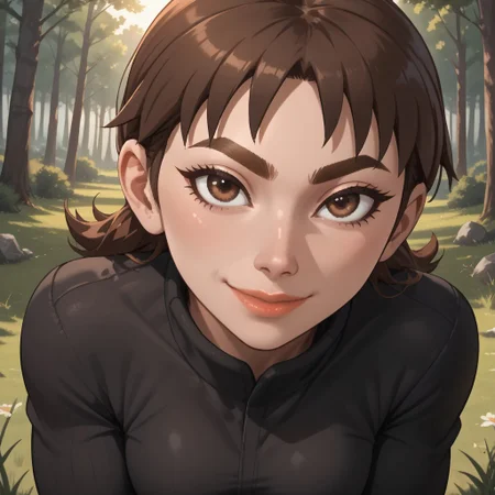 score_9, score_8, BREAK, solo, wii, mii, wii sports, 1girl, female mii, brown hair, brown eyebrows, brown eyes, lips, black clothing, black pants, sneakers, Susana_(Wii_Sports), nintendo mii, modern_mii, classic_mii, breasts, cute, sexy pose, smile, outdoors, sunlight, shadows, evening lighting, natural lighting, forest, trees, grass, orange sky, sunset