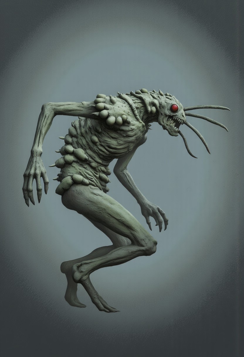 aidmaMJ6.1, Made out of paper, a PaperStyle , d4artstyle, d4concept, , d00mstyle, made of clay, ZBClay model of a gray sculpture
A bizarre, insectoid creature with a grotesque, alien appearance. It has an elongated, spindly frame, supported by four long, jointed limbs ending in sharp, clawed tips. The body is covered in rough, greenish skin dotted with spines and clusters of bulbous, glossy growths, giving it a diseased or parasitic look. Its head is small compared to the body, featuring a single large, compound eye that glows with an unsettling red light. Long, whip-like appendages extend from its face, resembling antennae or tendrils, adding to its disturbing appearance. The creature's form suggests a blend of insect and nightmare, emphasizing its unnatural posture and unsettling features.
Background solid color with a faded dimly lit, fog-covered darkness tone that emphasizes its silhouette. 
 The medium is not a traditional painting or illustrative medium like watercolor or ink but rather a digital rendering, eerie and unsettling.
