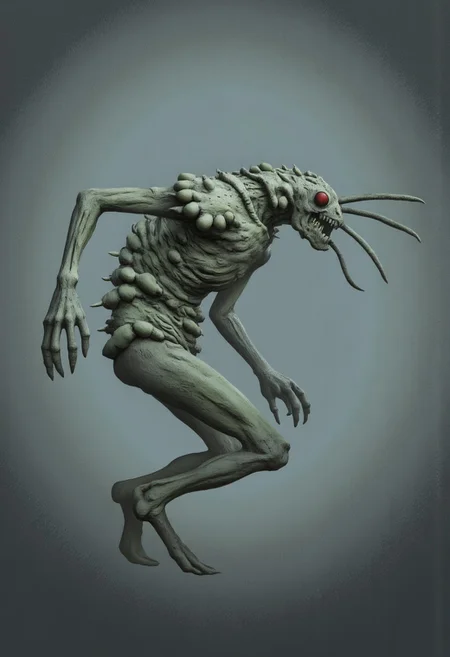 aidmaMJ6.1, Made out of paper, a PaperStyle , d4artstyle, d4concept, , d00mstyle, made of clay, ZBClay model of a gray sculpture
A bizarre, insectoid creature with a grotesque, alien appearance. It has an elongated, spindly frame, supported by four long, jointed limbs ending in sharp, clawed tips. The body is covered in rough, greenish skin dotted with spines and clusters of bulbous, glossy growths, giving it a diseased or parasitic look. Its head is small compared to the body, featuring a single large, compound eye that glows with an unsettling red light. Long, whip-like appendages extend from its face, resembling antennae or tendrils, adding to its disturbing appearance. The creature's form suggests a blend of insect and nightmare, emphasizing its unnatural posture and unsettling features.
Background solid color with a faded dimly lit, fog-covered darkness tone that emphasizes its silhouette.
The medium is not a traditional painting or illustrative medium like watercolor or ink but rather a digital rendering, eerie and unsettling.