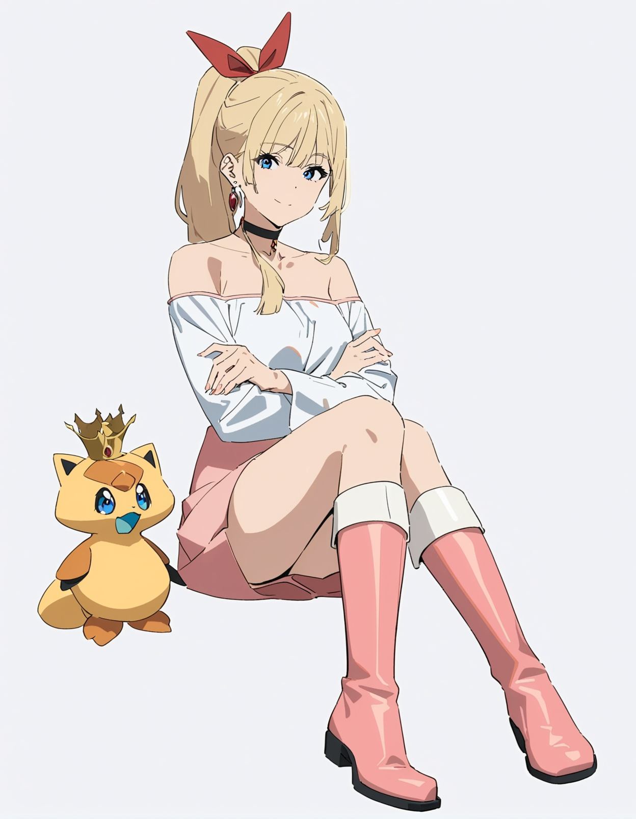 1girl, 
kamo kamen, 
shirt, knee boots, white shirt, closed mouth, pink footwear, ribbon, bare shoulders, sitting, choker, earrings, red ribbon, pink dress, off-shoulder shirt, blonde hair, hair ribbon, dress, boots, pokemon \(creature\), full body, long hair, crown, breasts, long sleeves, smile, jewelry, simple background, collarbone, blue eyes, ponytail, off shoulder, grey background, crossed arms, looking at viewer, 
masterpiece, best quality, newest
 <lora:kamo_kamen_image373_2024-03-28_a31:1>