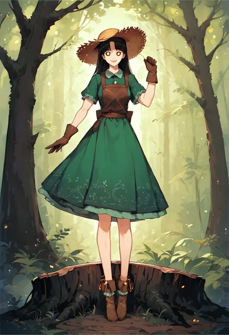 score_9, score_8_up, score_7_up, source_anime, well drawn, immaculate, highly detailed, intricate,
BREAK
1girl, human woman, solo, long hair, black hair color, straight hair, pale skin, black sclera, orange iris, iris is an glowing orange ring, ((((ankle length green dress)))), (brown leather apron), brown leather gloves, modest dress, brown boots, (straw hat), happy, smiling, tree stump, standing in a redwood forest, long dress,