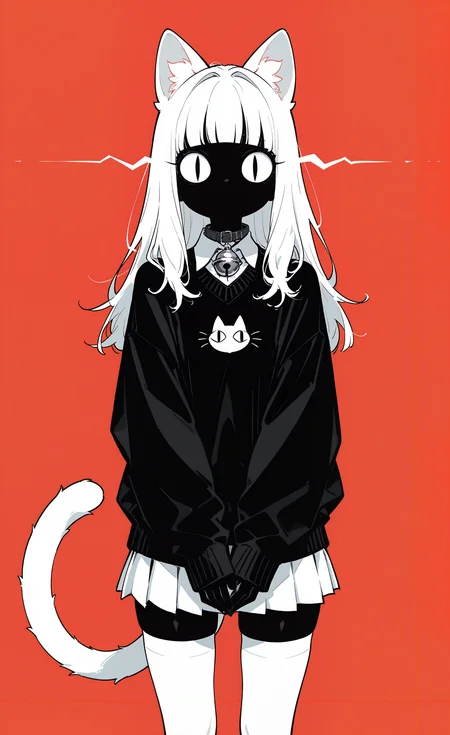 masterpiece, best quality, good quality, very awa, very aesthetic, absurdres, newest, 1girl, <|> <|>, animal ears, bell, black skin, black sweater, blending, blunt bangs, cat ears, cat girl, cat tail, collar, collared shirt, colored skin, cowboy shot, hair intakes, jingle bell, limited palette, long hair, long sleeves, looking at viewer, miniskirt, neck bell, no mouth, own hands together, partially colored, pleated skirt, red background, shirt, simple background, skirt, sleeves past wrists, slit pupils, solo, standing, sweater, tail, thighhighs, white eyes, white hair, white skirt, white thighhighs, toon (style), <lora:ponyv6Noobe112Adamw.9Eti:0.8> <lora:MeMaXL4:0.3> <lora:Lofi_style:0.7>