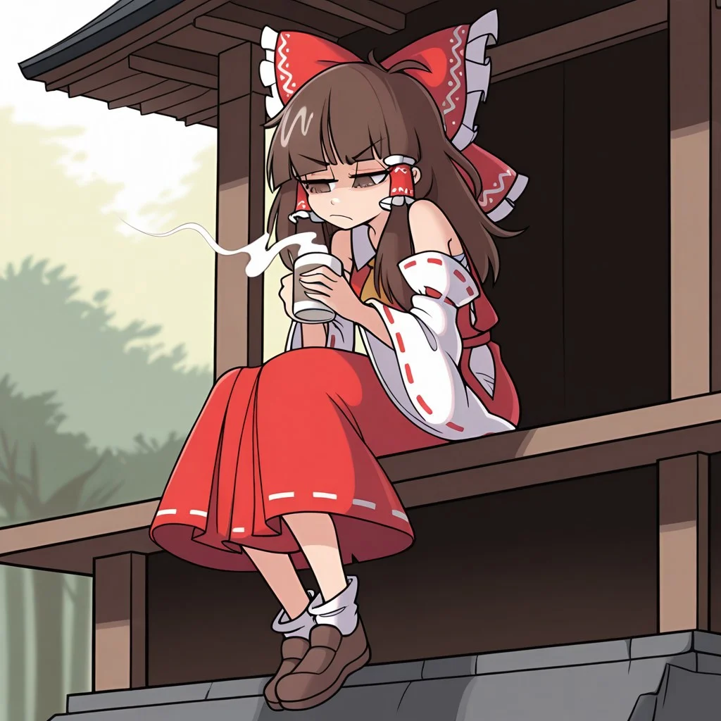Radicalsoda, 1girl, (solo), Touhou Project, /(touhou_series/), Reimu Hakurei, tired, annoyed, half closed eyes, long hair, brown hair, bangs, brown eyes, red bow, sarachi, miko outfit, detached sleeves, shoes, holding cup, hot coffee, shrine, outdoors, masterpiece, best quality, amazing quality,