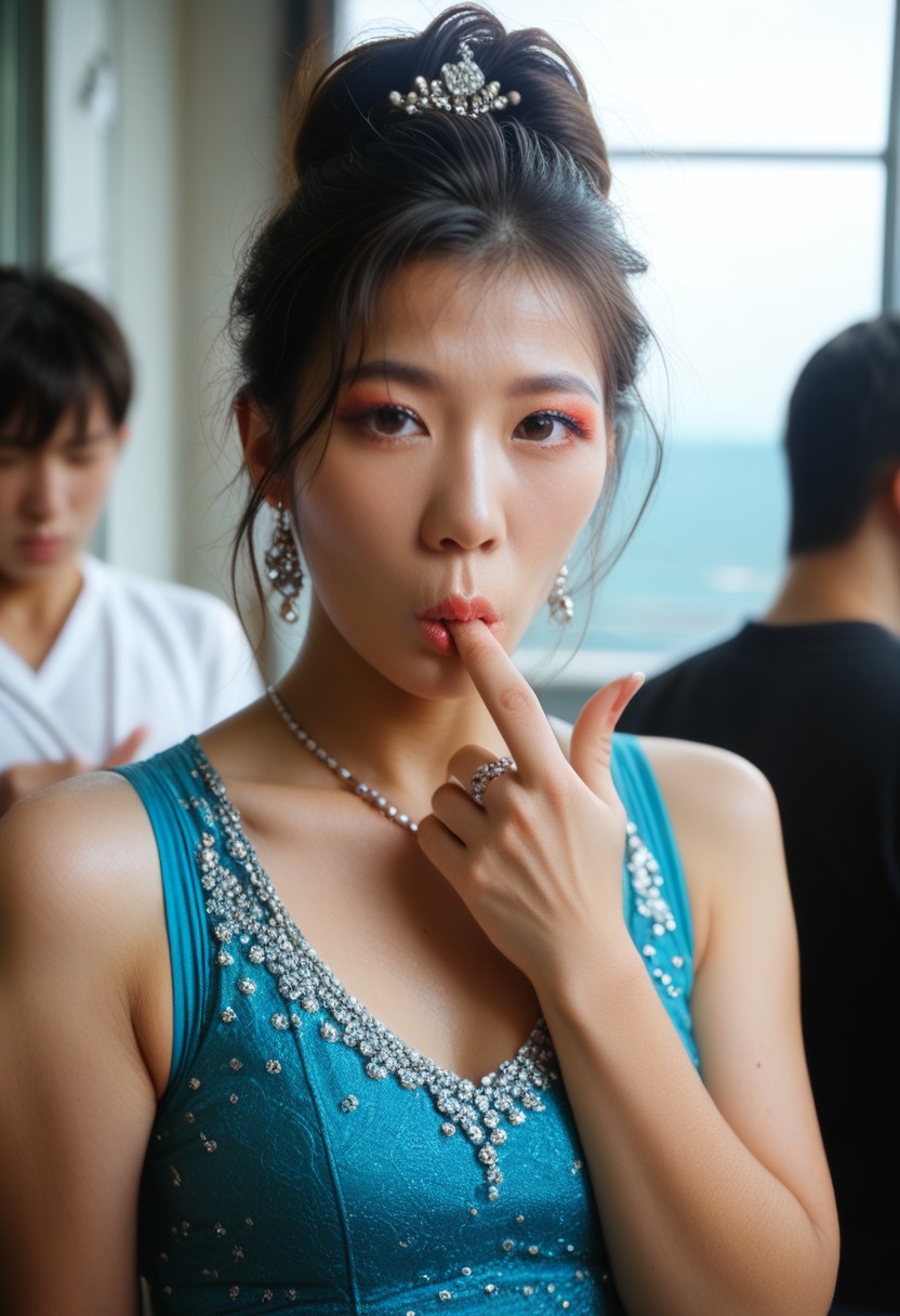 score_9, score_8_up, score_7_up, (asian), hetero, 1girl,  detailed, masterpiece, highly detailed, beautiful hair, makeup, jewellery, accessories, beautiful, sucking her finger, standing, clothed, gym clothes