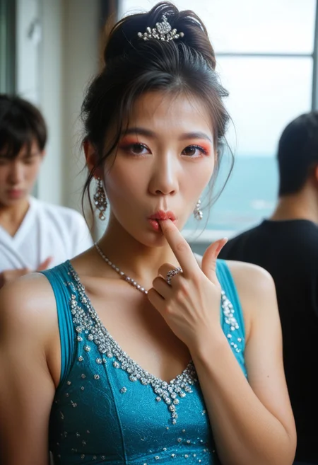 score_9, score_8_up, score_7_up, (asian), hetero, 1girl,  detailed, masterpiece, highly detailed, beautiful hair, makeup, jewellery, accessories, beautiful, sucking her finger, standing, clothed, gym clothes