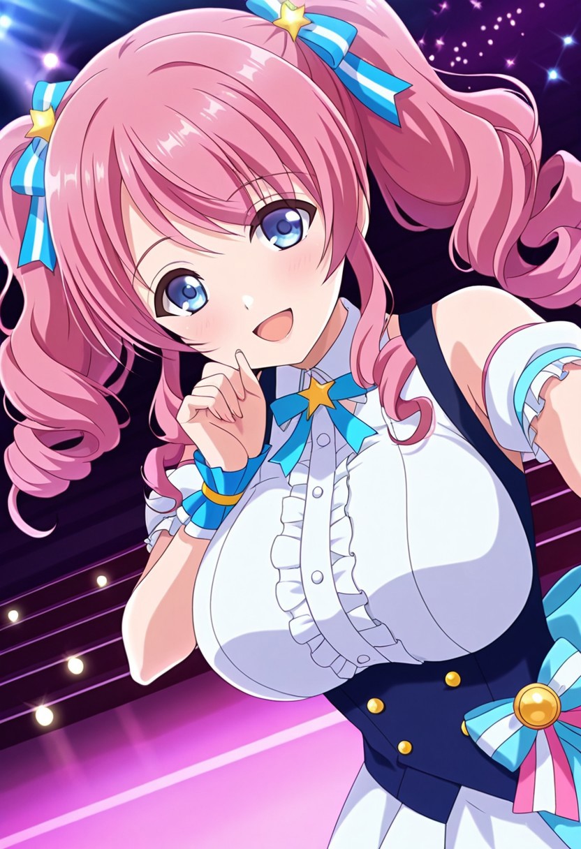 general,highres, ultra-detailed,very aesthetic,best quality ,best hands,best eyes,easynegative,
dynamic anglre, dutch angle, anime cloring,anime screencap,
1girl solo,looking at viewer,on stage, concert hall, dancing, smile, open mouth, 
Nonoka Kurusu,pink_hair, long_hair, wavy hair, rolling hair, blue_eyes, hair_ornaments,twintails, huge_breasts,idol costume,