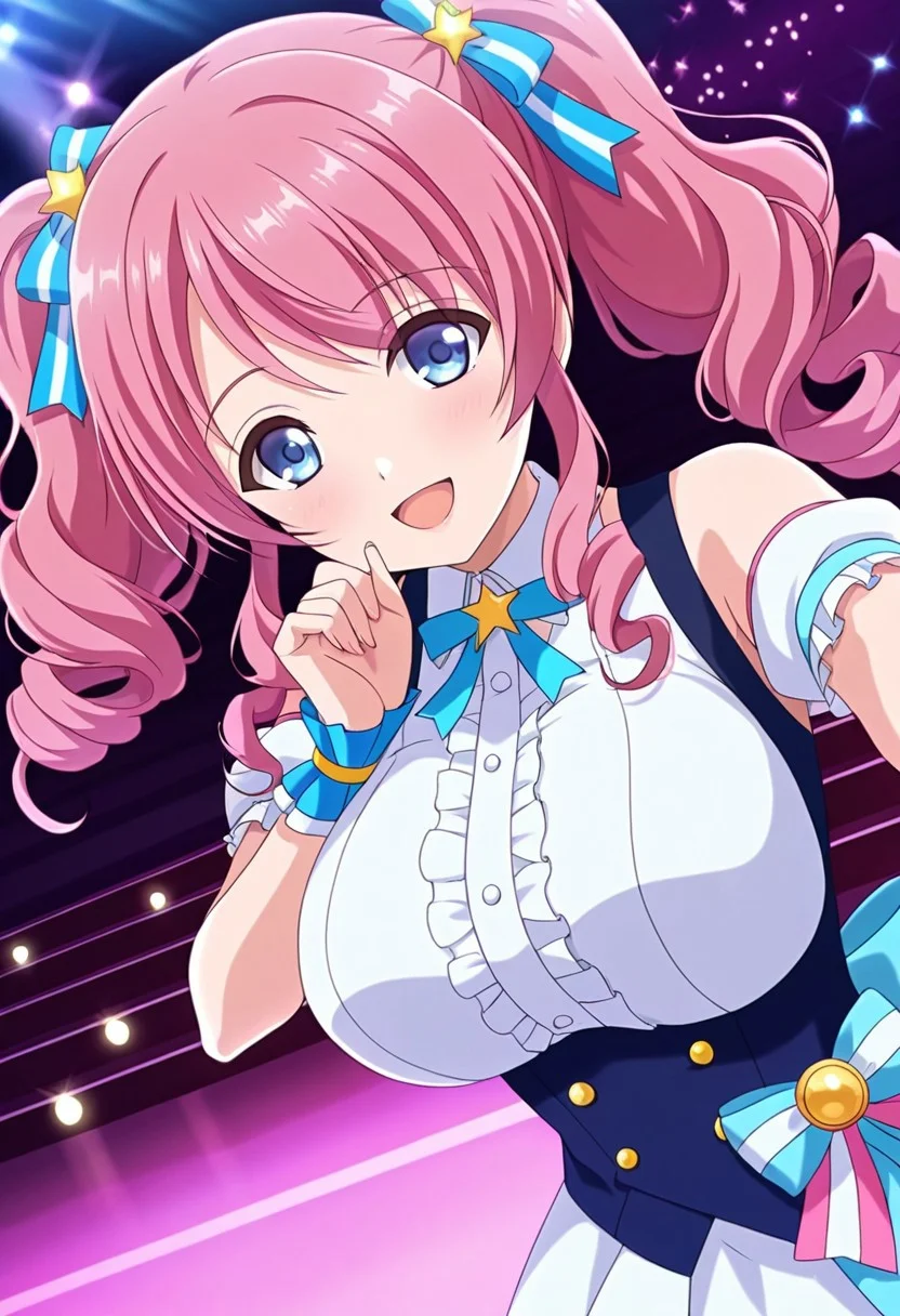 general,highres, ultra-detailed,very aesthetic,best quality ,best hands,best eyes,easynegative,
dynamic anglre, dutch angle, anime cloring,anime screencap,
1girl solo,looking at viewer,on stage, concert hall, dancing, smile, open mouth,
Nonoka Kurusu,pink_hair, long_hair, wavy hair, rolling hair, blue_eyes, hair_ornaments,twintails, huge_breasts,idol costume,