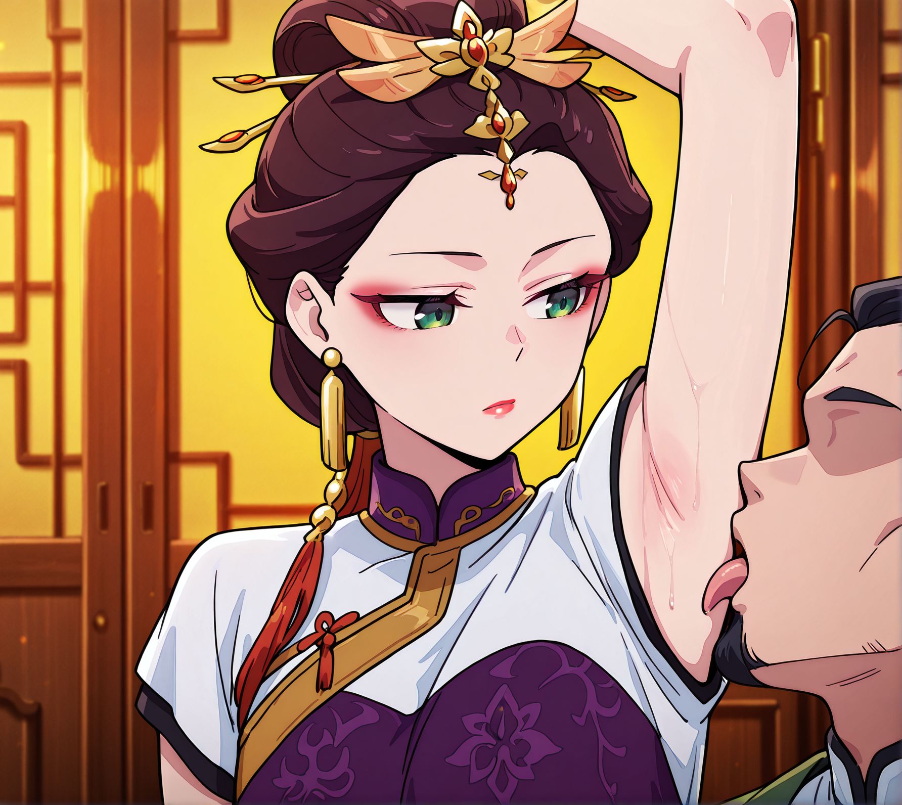 masterpiece, best quality, newest, absurdres, highres, detailed eyes, beautiful, detailed background, perfect eyes, anime coloring, anime screencap,
<lora:Armpit_sex:1>Armpit_se0xV1, 
arm up, licking armpit, 
licking, armpits, tongue, tongue out, 
1girl, 1boy, hetero, looking to the side, looking away,
BREAK
<lora:Llan01-000088:1>, LOULAN,jewelry,earrings,makeup,hair ornament,
eyeshadow,lipstick, chinese clothes,green eyes,profile,red lips,short hair, 
short sleeves,
BREAK
Beard, Goatee, faceless male,