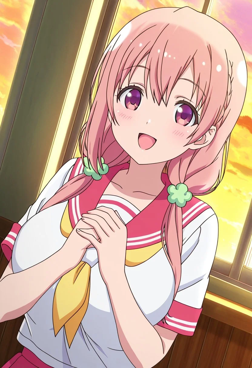 general,highres, ultra-detailed,very aesthetic,best quality ,best hands,best eyes,easynegative,
dynamic anglre, dutch angle, anime cloring,anime screencap,
1girl solo,looking at viewer,school,indoors,smile,open mouth,singing,
Hinako SAKURAGI,pink hair,long hair,hair ornaments,purple eyes,huge breasts,serafuku,