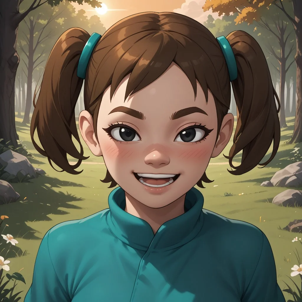 score_9, score_8, BREAK, solo, Mii, Wii, Black Eyes, Half circle eyebrows, big nose, half circle nose, blush, white skin, open mouth, green-ish brown hair, twintails, dark green clothing, 1girl, female mii, Wii Sports Resort, black pants, shoes, cute, medium breasts, Midori_(\Wii_Sports_Resort\), teeth, Nintendo Mii, modern_mii, classic_mii, sexy pose, self portrait, smile, outdoors, sunlight, shadows, evening lighting, natural lighting, forest, trees, grass, orange sky, sunset