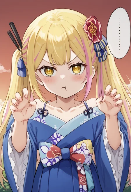 score_9, score_7_up, score_6_up, source_anime, uncensored, zPDXLxxx, <lora:intricate_details:1> intricate_details_xl, outdoors, sky, sunset, red background, soft focus, close-up, from above
<lora:ASBoE_SaraDaOdin_v1.0:1> SaraGD, SaraGD, sara da odin, default outfit, 1girl, solo, blonde hair, pink hair, multicolored hair, streaked hair, twintails, long hair, hair ornament, hair flower, yellow eyes, wide sleeves, dress, frills, blue dress, wide sleeves, long sleeves, japanese clothes, kimono, floral print, blue bow, collarbone, looking at viewer, claw pose, relieved, (spoken ellipsis, ...:1.2), jaggy lines, fingernails,
<lora:Pout_XLPD:1> pout, :t, closed mouth