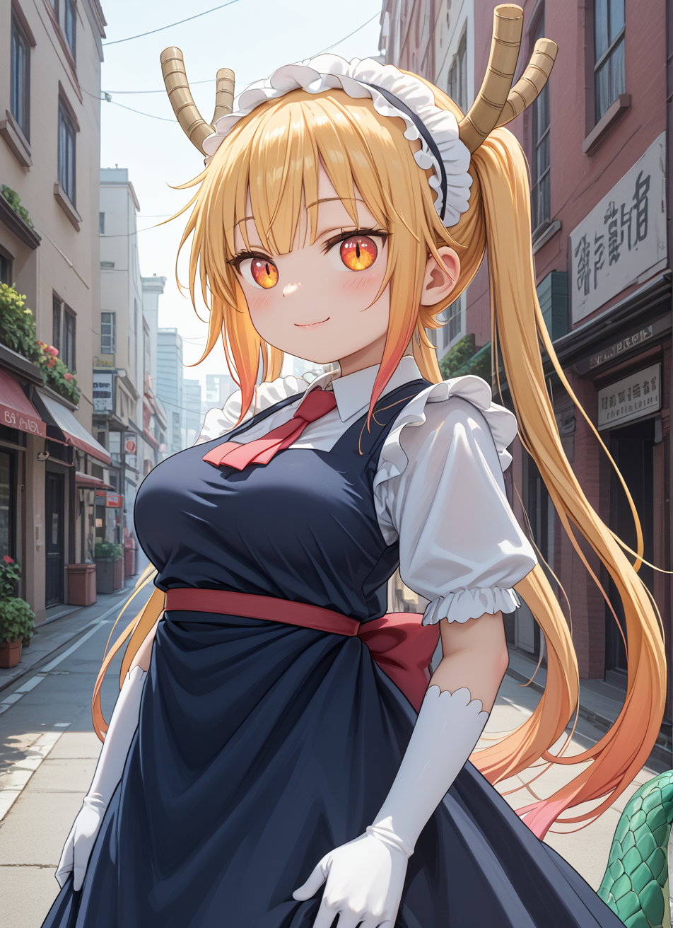 score_9,score_8_up,score_7_up,source_anime BREAK prefect lighting,very aesthetic,prefect hands,best quality,
intricate details,highly detailed background,(masterpiece:0.9),high quality,lustrous_skin,skindentation,(zPDXL3),
ultra delicate hair,
face_detail,
skin_detail,<lora:cfg_scale_boost:0.5>,
lustrous_skin,skindentation,
shiny skin,
<lora:Tohru_Pony:1>,Tohru_(Maidragon),
orange_eyes,slit_pupils,blonde_hair,long_hair,gradient_hair,twintails,large_breasts,dragon_girl,dragon_horns,(dragon_tail:1.1),maid_headdress,blue_dress,red_necktie,puffy_short_sleeves,white_gloves,elbow_gloves,collared_shirt,frills,
masterpiece,best quality,score_9,score_8_up,score_7_up,ultra-detailed,Best-A,Medium-B,Low-C,Bad-D,
cute,light_blush,city,street,smug,from_side,