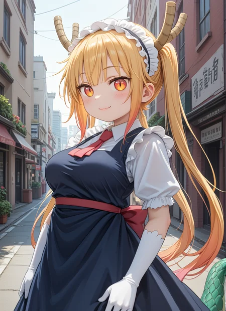 score_9,score_8_up,score_7_up,source_anime BREAK prefect lighting,very aesthetic,prefect hands,best quality,
intricate details,highly detailed background,(masterpiece:0.9),high quality,lustrous_skin,skindentation,(zPDXL3),
ultra delicate hair,
face_detail,
skin_detail,<lora:cfg_scale_boost:0.5>,
lustrous_skin,skindentation,
shiny skin,
<lora:Tohru_Pony:1>,Tohru_(Maidragon),
orange_eyes,slit_pupils,blonde_hair,long_hair,gradient_hair,twintails,large_breasts,dragon_girl,dragon_horns,(dragon_tail:1.1),maid_headdress,blue_dress,red_necktie,puffy_short_sleeves,white_gloves,elbow_gloves,collared_shirt,frills,
masterpiece,best quality,score_9,score_8_up,score_7_up,ultra-detailed,Best-A,Medium-B,Low-C,Bad-D,
cute,light_blush,city,street,smug,from_side,