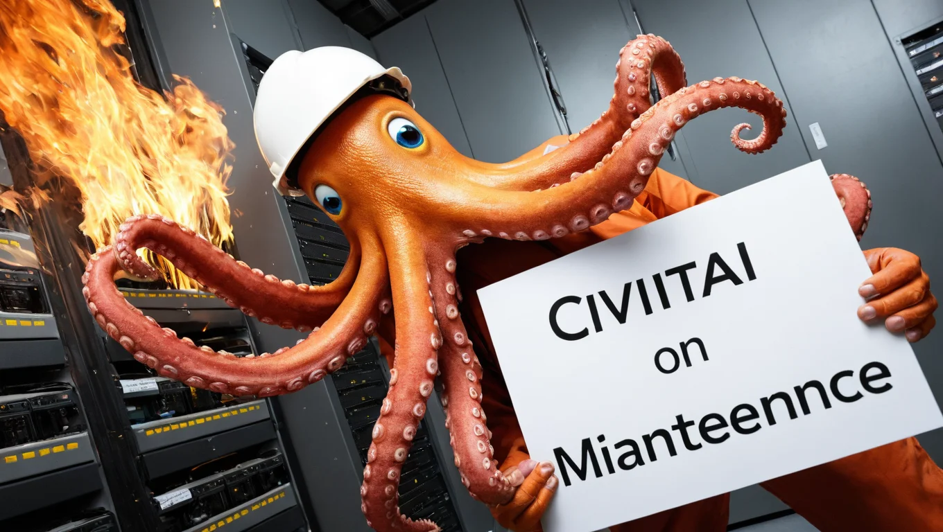 flux-style, the anthropomorphic multi-coloured octopus (surrounded by smoldering servers:1.3) reaching out in every direction, desperate look, wearing an overall, wearing a base cap, ("CIVITAI":1.3) sign on the wall, in the data center, subtitle ("maintenance ongoing":1.3), dutch-angle shot, realistic photograph, pin sharp photography, best quality, masterpiece, extremely detailed, 8K <lora:Flux-style-xl-lora:0.25> <lora:add-detail-xl:2>