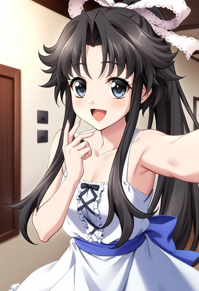 chisa\(memories off 6\), 1girl, solo, open mouth, standing, smile, ponytail, white hairribbon, white dress, white frills, black long hair, :d, looking at viewer, holding, black eyes, collarbone, sleeveless, selfie, bare shoulders, masterpiece, best quality, very aesthetic, absurdres, <lora:chisa:1>