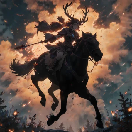 Black, Ultra High Definition, dark fantasy aesthetic, the wild hunt soars through the sky in search of their target, fey hunters riding deer that gallop in the air, establishing shot, from below shot, (chromatic aberration) (faded colors) outlines, anime bloom effect, soft lighting, CG particles effect, 4K resolution, detailed pupils,<lora:neg4all_bdsqlsz_xl_V9:0.7> <lora:add-detail-xl:0.7>