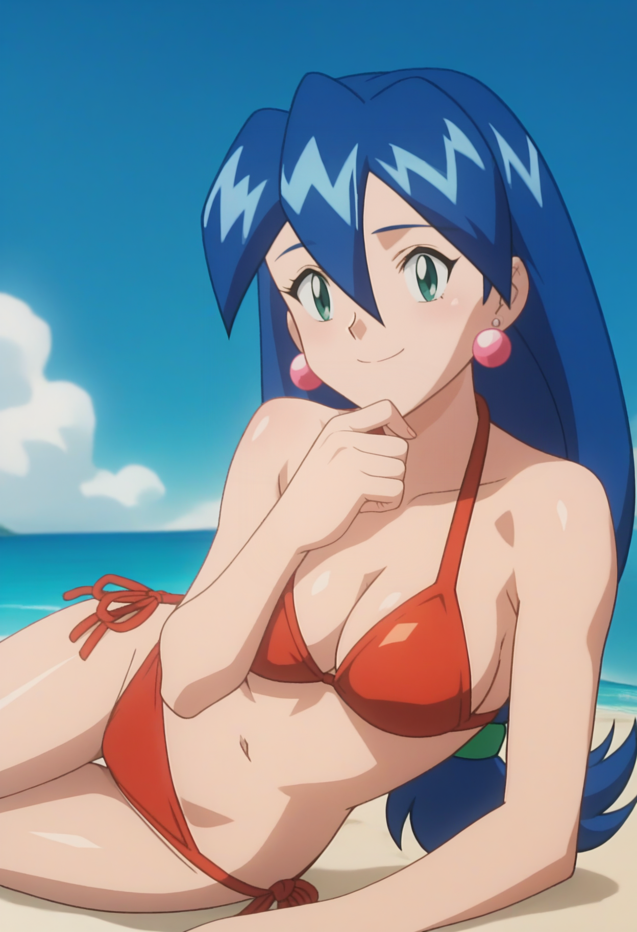 score_9, score_8_up, score_7_up, score_6_up, anime screencap, anime coloring, <lora:PMStella_epoch_10:1>, PMStella, 1girl, solo, blue hair, low-tied long hair, green hair tie, hair between eyes, green eyes, earrings,
red bikini, side-tie bikini bottom, shiny skin,
lying, blue mat, on side, smile, looking at viewer, hand on own chin, shiny skin, navel,
BREAK beach, blue sky, sky, sunbeam,