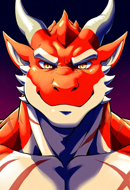 score_9, score_8_up, score_7_up, very detailed, highly detailed texture, (highly detailed face, (perfect face, perfect eyes)), depth of field, perfect soft lighting, best shadows, perfect reflections, volumetric, detailed image, high resolution, male focus, gay, 1man, solo, Anthro Dragon, Griffin, Red Skin, Horns, Body Scar, Male, Manly, Muscular, portrait, muscular body, huge muscles, close up on face, portrait, smile,