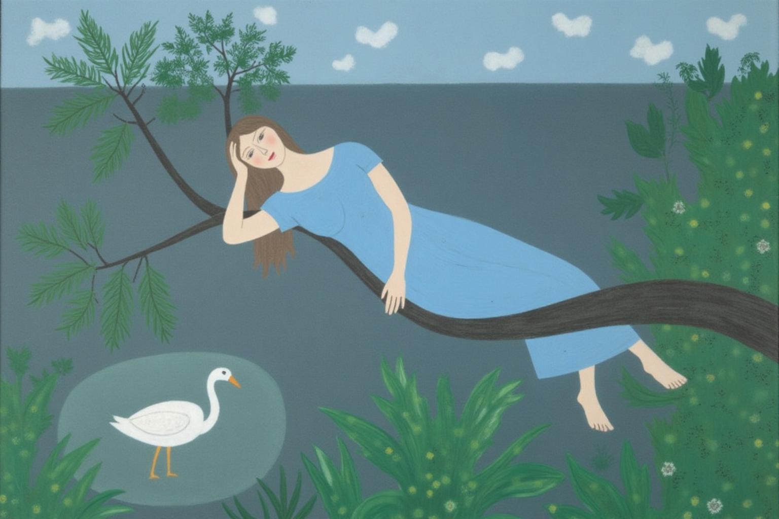 dorislee1 painting.
dorislee1 painting. A serene landscape. A woman is lying on a tree branch, her body relaxed and her head resting on her hand. She is wearing a flowing, light blue dress that drapes around her. There is a white bird at the bottom left corner.
 <lora:dorislee1_cap_d6a3:1.0><lora:834815198788466364:0>