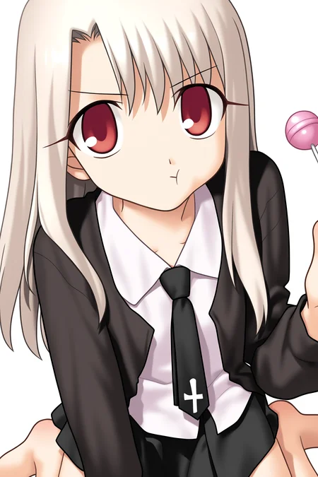 fatesnha, oekaki, matou sakura, illyasviel von einzbern, 1girl, (((child, petite))), solo, long hair, red eyes, white hair, v-shaped eyebrows, small breasts, flat chest, white background, white background, looking at viewer, white shirt, collared shirt, necktie, black necktie, open cardigan, black cardigan, miniskirt, black skirt, (close-up), barefoot, holding lollipop, pink candy, chupa chups, closed mouth, puffy cheeks, official alternate costume, 
(masterpiece, best quality, absurdres, highres, newest, very awa:1.2), 