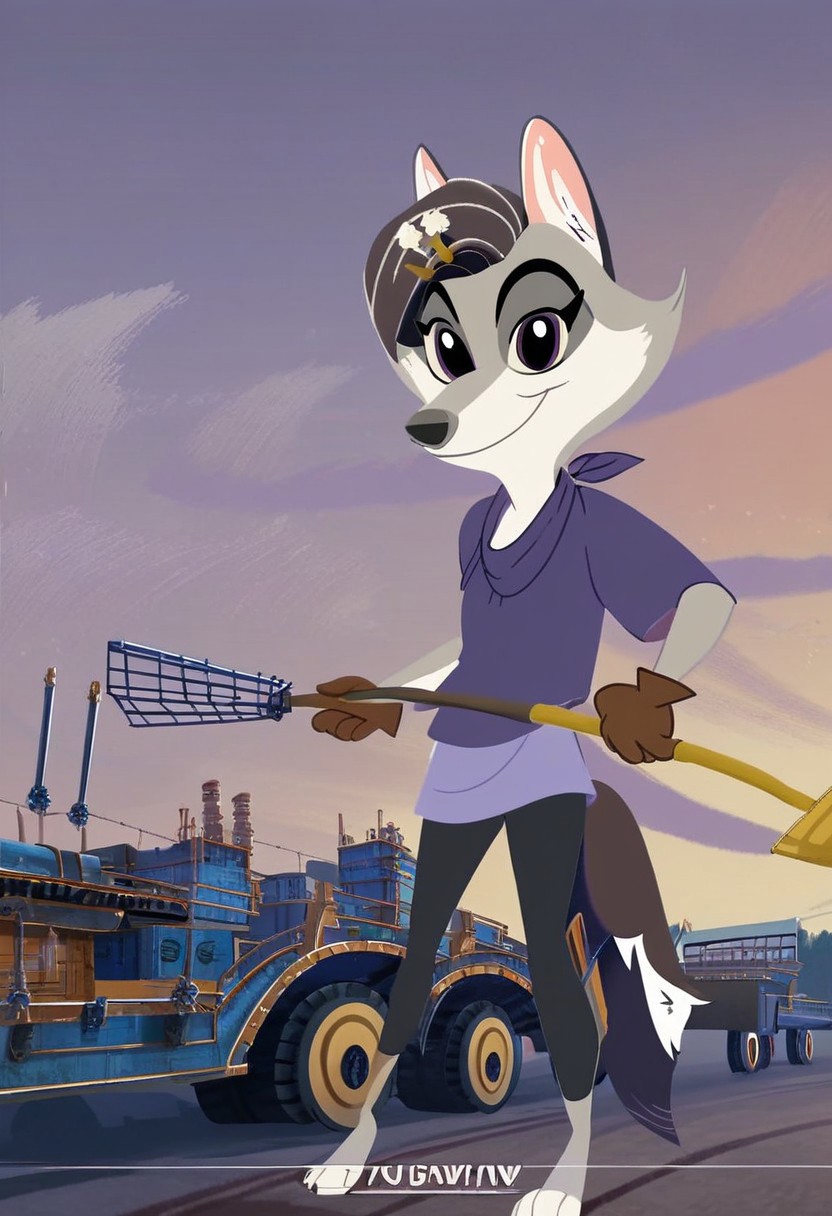 score_9,score_8,score_7,source_furry,
v10l3tw0lf,
furry female, violet_wolf, violet_wolf_great_wolf_lodge, wolf girl, female, 1girl, solo, tail, animal ears, furry, claws, looking at viewer, purple eyes, locomotive cab, locomotive cab background, short sleeves, multicolored hair, body fur, artist name, barefoot, purple shirt, official art, official style,
Stable_Yogis_PDXL_Positives, engineer, engineer hat, hat, holding a shovel, brown gloves, gloves, smile, bandana, bandana on neck, train, locomotive, indoor,