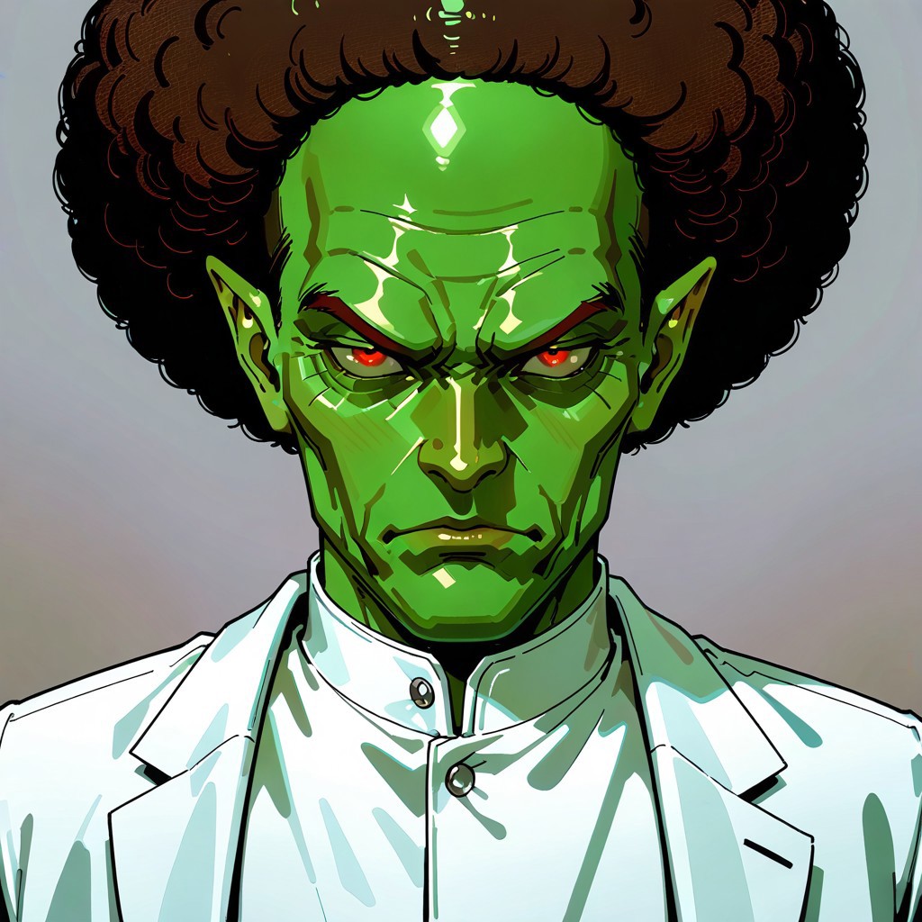 masterpiece, best quality, amazing quality, very aesthetic, absurdres, newest, drvenoilxl, 1boy, red eyes, male focus, pointy ears, green skin, white lab coat, bald,  (((old man))),  wrinkles, alien,looking at viewer, ((plain background)), solo, scowl,  ((white collar)), ((buttoned collar)), close up, portrait, (((afro))), side view
