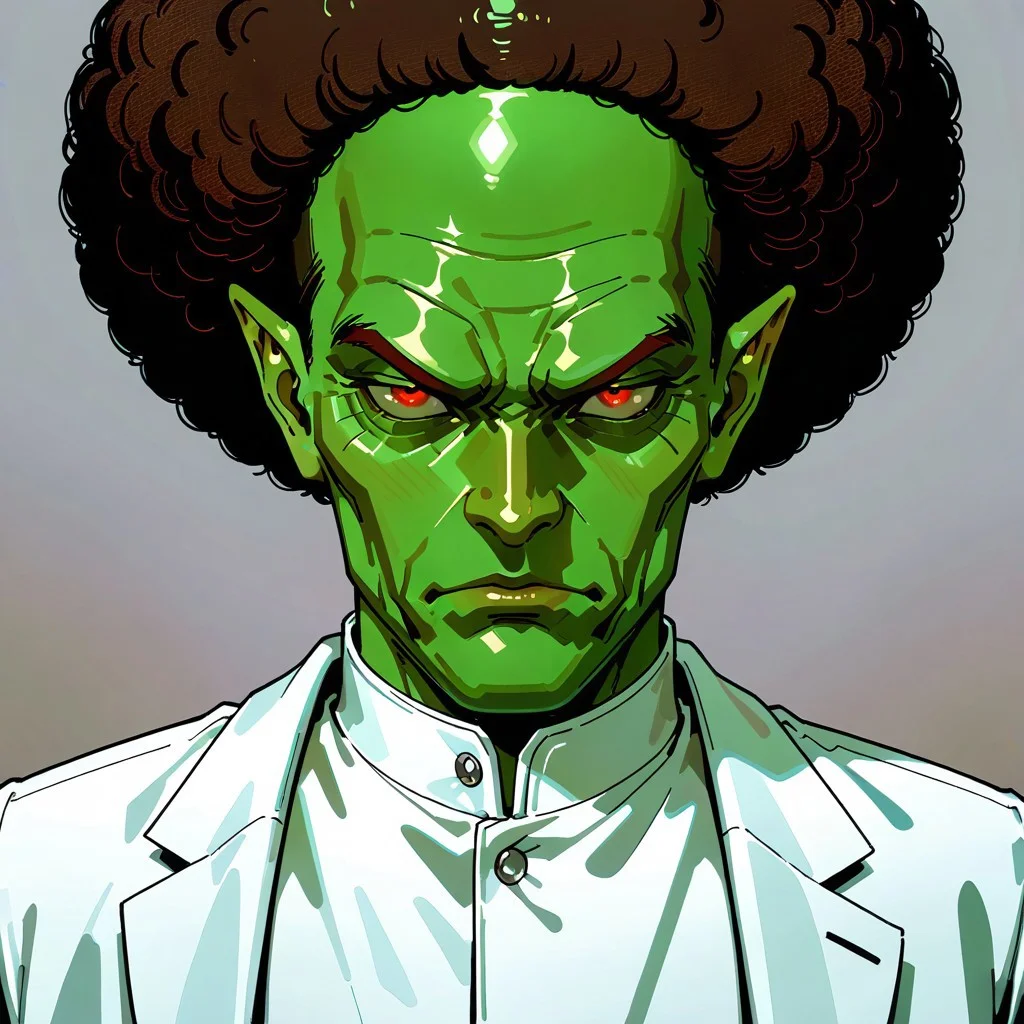 masterpiece, best quality, amazing quality, very aesthetic, absurdres, newest, drvenoilxl, 1boy, red eyes, male focus, pointy ears, green skin, white lab coat, bald,  (((old man))),  wrinkles, alien,looking at viewer, ((plain background)), solo, scowl,  ((white collar)), ((buttoned collar)), close up, portrait, (((afro))), side view