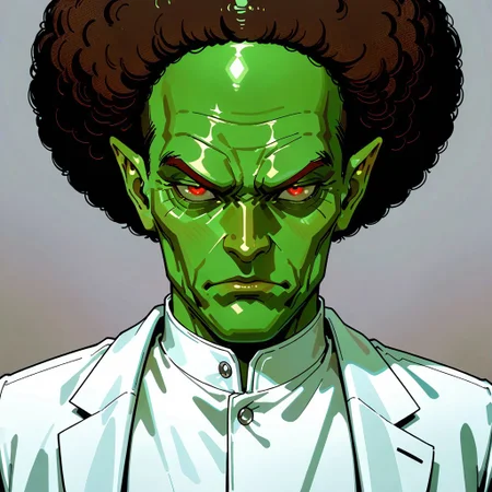 masterpiece, best quality, amazing quality, very aesthetic, absurdres, newest, drvenoilxl, 1boy, red eyes, male focus, pointy ears, green skin, white lab coat, bald, (((old man))), wrinkles, alien,looking at viewer, ((plain background)), solo, scowl, ((white collar)), ((buttoned collar)), close up, portrait, (((afro))), side view