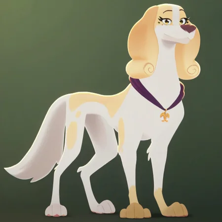 score_9, score_8_up, score_7_up, score_6_up, 1girl, solo, BREAK dianebl, spaniel, feral, full body, standing, yellow eyes, looking at viewer, smile, mole under eye, tan fur, white fur, simple background