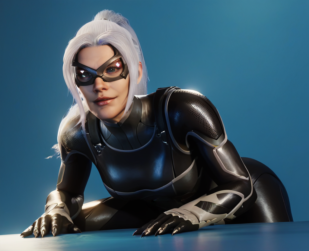score_9,score_8_up,score_7_up,score_6_up, 3d, realistic, <lora:Black_Cat_ps4ps5_Pony-000007:0.8> , blackcat, 1girl, solo, long hair, gloves, ponytail, white hair, bodysuit, black bodysuit, domino mask,