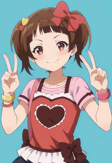 score_9, score_8_up, score_8, source_anime, 1girl <lora:YuiMorikawa:0.85> ,solo, twintails, short hair, brown hair, bangs, brown eyes, shirt, skirt, thighhighs, hair bow, bow, red bow, bracelet, jewelry, heart print, standing, upper body, looking at viewer, blush, smile, v sign,
light blue background,