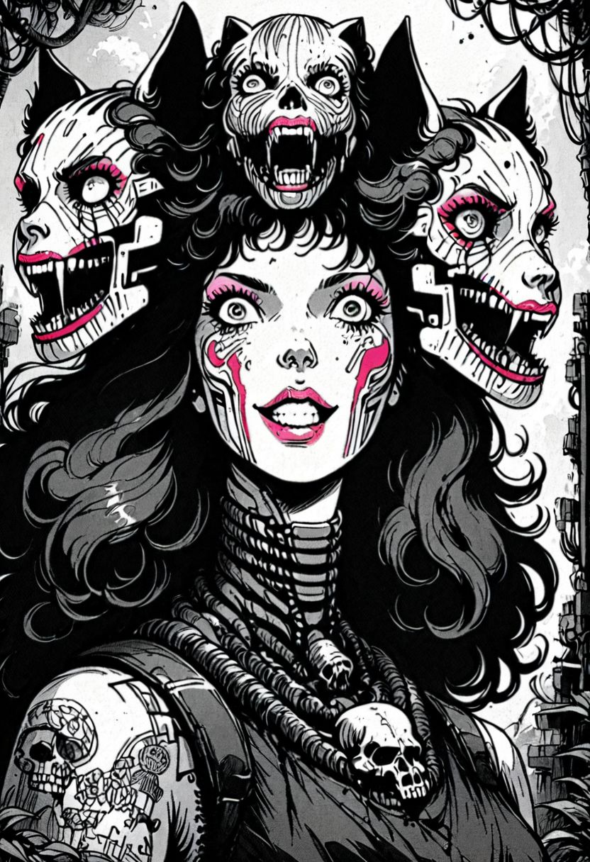 score_9, 1girl, solo, Barbie, xenotr1p, monochrome, selective pink color, knva, halftone effect, retro artstyle, jungle girl, barbarian, face paint, tattoos, long curly hair, (pink lips, pink eyeshadow), cowboy shot, creepy smile, horror, blood, selective red colour, neon, Patrick Nagel style, crazy eyes, cyberpunk, Cerberus, three heads,