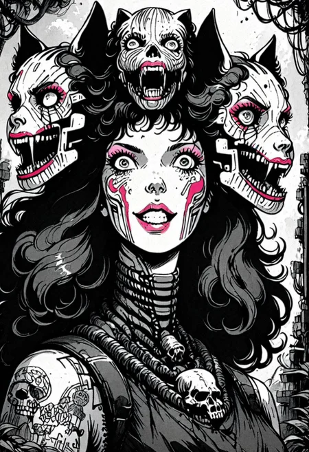 score_9, 1girl, solo, Barbie, xenotr1p, monochrome, selective pink color, knva, halftone effect, retro artstyle, jungle girl, barbarian, face paint, tattoos, long curly hair, (pink lips, pink eyeshadow), cowboy shot, creepy smile, horror, blood, selective red colour, neon, Patrick Nagel style, crazy eyes, cyberpunk, Cerberus, three heads,