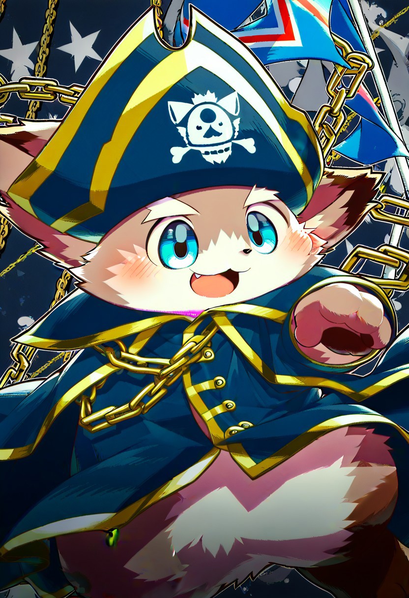 score_9, by zuppu11, animal, solo, blushing, blue eyes, cape, cat, chain, flag, furry, cute, kemono, furry male, no man's, open mouth, pirate, pirate hat, zPDXL3