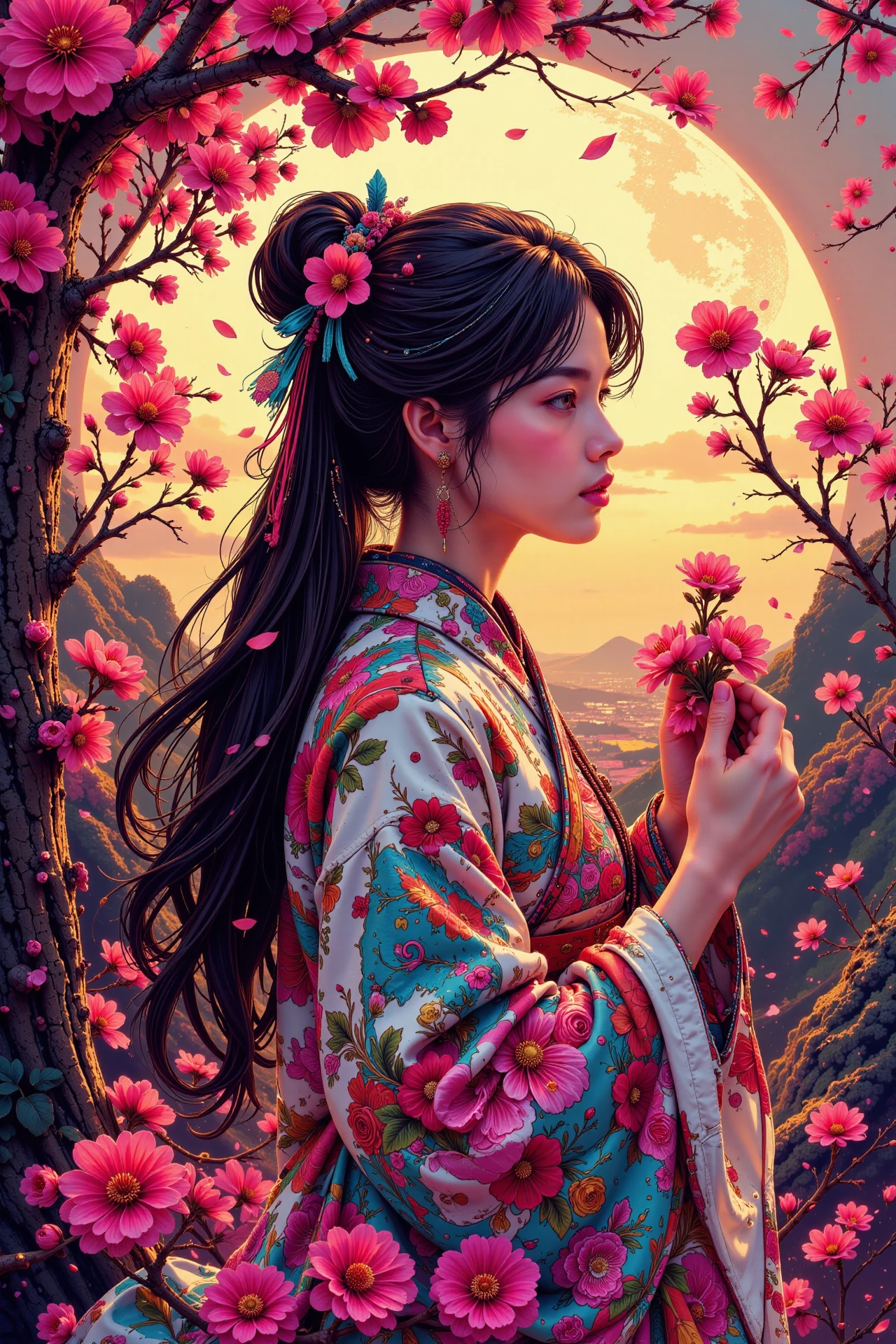 cherry blossoms, golden hour, woman, very intricate, very detailed, sharp, bright, colorful, <lora:Hand v2:0.5> <lora:Anti-Blur:1><lora:Insane Detail Slider:0.25>  <lora:flux.1_lora_flyway_Epic-detail_v2:0.3> <lora:fluxenhancer:0.25><lora:ck-Neon-Retrowave:0.4> ck-rw, in the style of ck-rw,  <lora:Neurocore Anime Cyberpunk:0.8> A digital artwork in the style of cknc