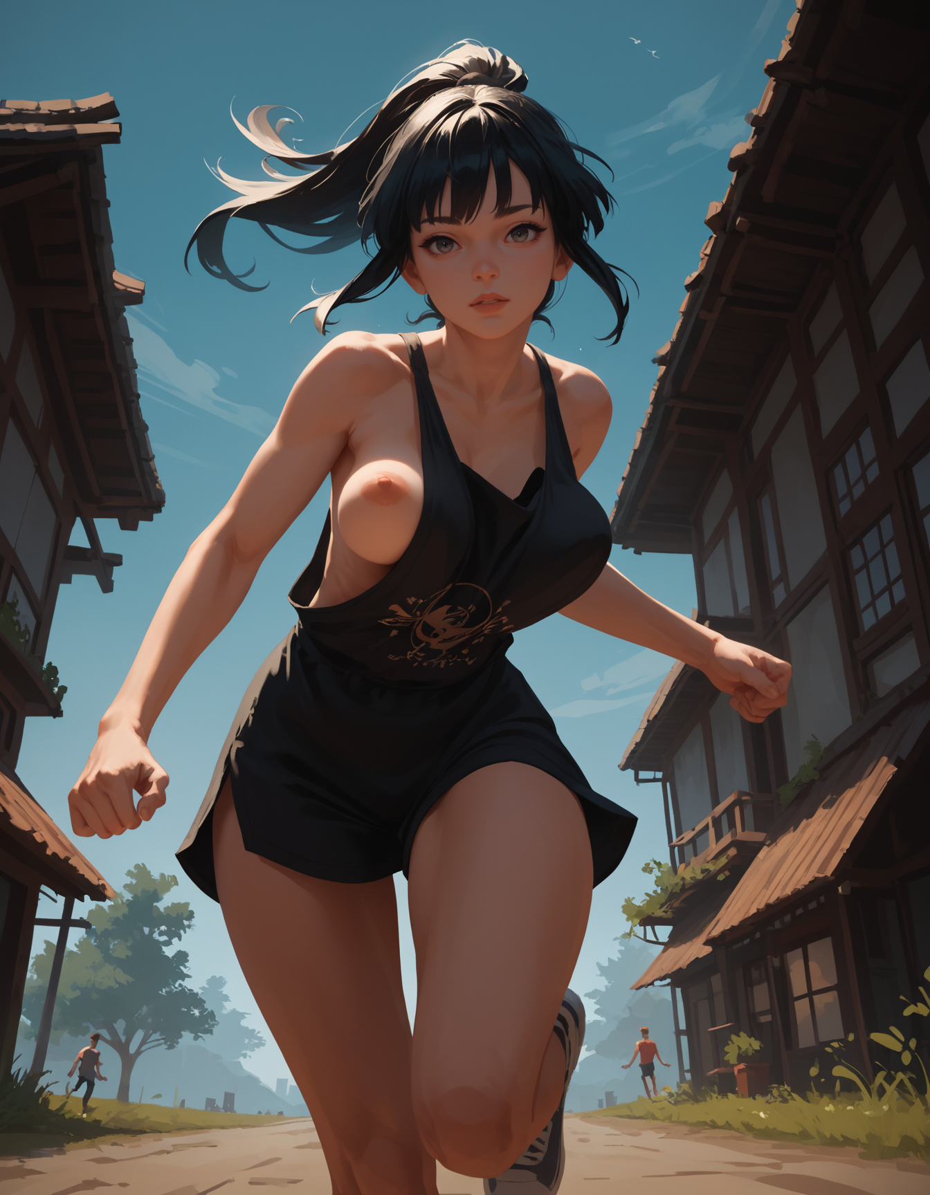 score_9, score_8_up, score_7_up, hentai, lineless, textured, 1girl, black hair, bangs, ponytail, saggy breasts, oversized top, sideboob, running, looking at viewer, bouncing breasts, downblouse, unique angle, dynamic pose