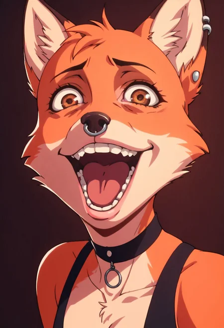 score_9, score_8_up, score_7_up, score_6_up, score_5_up, score_4_up,   , 1girl, solo, alone, kakegurui_face_expression, asymmetrical open eyes, open mouth, teeth, tongue, crazy face, glowing eyes, masterpiece, highres,
Foxy_Liars_Bar, orange fur, two tone fur, brown eyes, nose piercing, ears piercing, black dress,