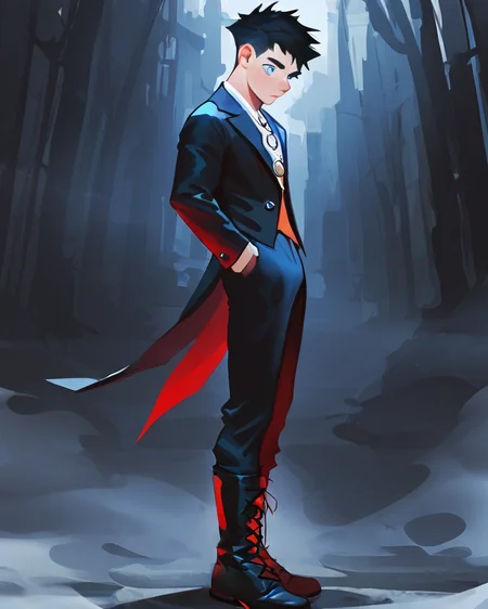 masterpiece, best quality, amazing quality, very aesthetic, absurdres, newest, 1boy, male focus, 21 years old, full body, head to toe, dynamic pose, blue eyes, eyeshd, tailcoat, long pants, knee high lace up boots, necklace, highly detailed eyes, from the side, confident, serious, abstract background, dark, light, fog, masterpiece, best quality, amazing quality, very aesthetic, absurdres, newest, volumetric lighting,
freckles, muscular, no-lineart style, big eye background,
breeze style, <lora:BreeStyleWv1:1>
