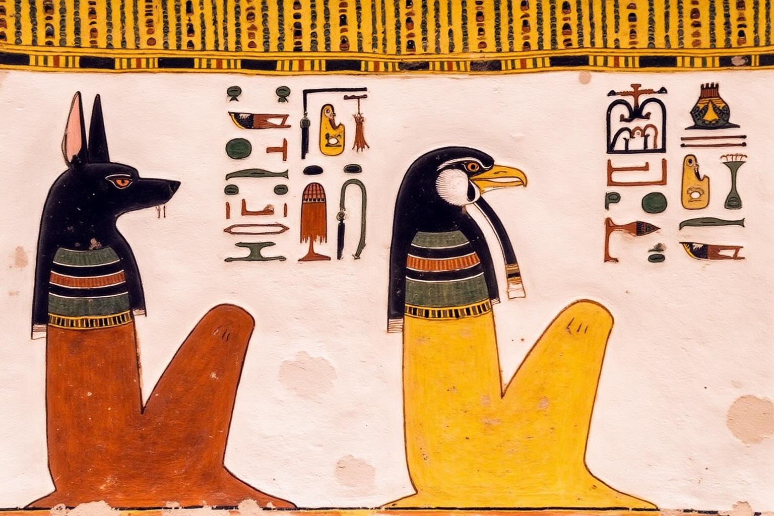 egyptian painting
On the left is a seated jackal-headed deity. On the right is a seated falcon-headed deity. <lora:egypt1_cap_d6a3:1.0><lora:829963303083247904:0>