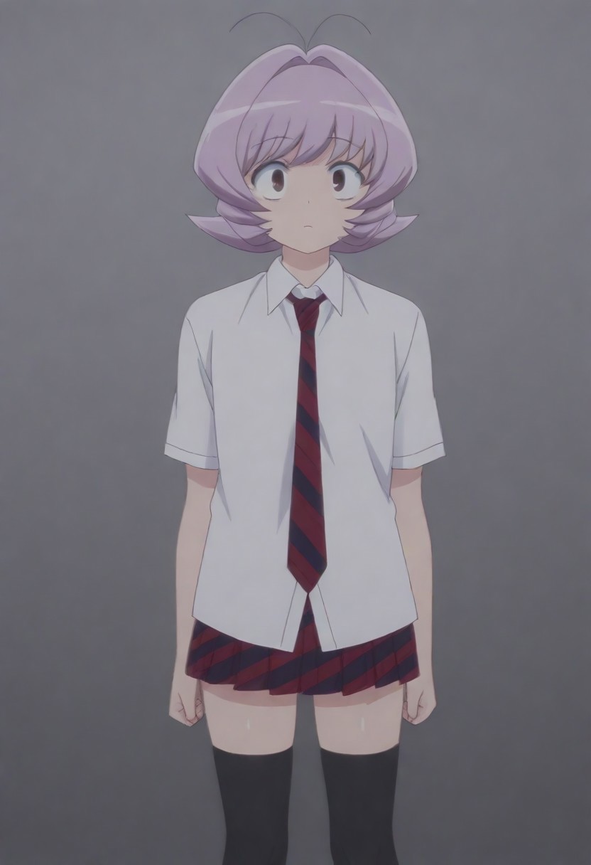 masterpiece, best quality, amazing quality,,, shiny skin,,,,,<lora:Osana_Najimi_cnn:0.8> osananajimicnn,,short hair, brown eyes,androgynous, light purple hair, school uniform, white shirt, striped necktie,striped skirt, pleated skirt,black thighhighs,