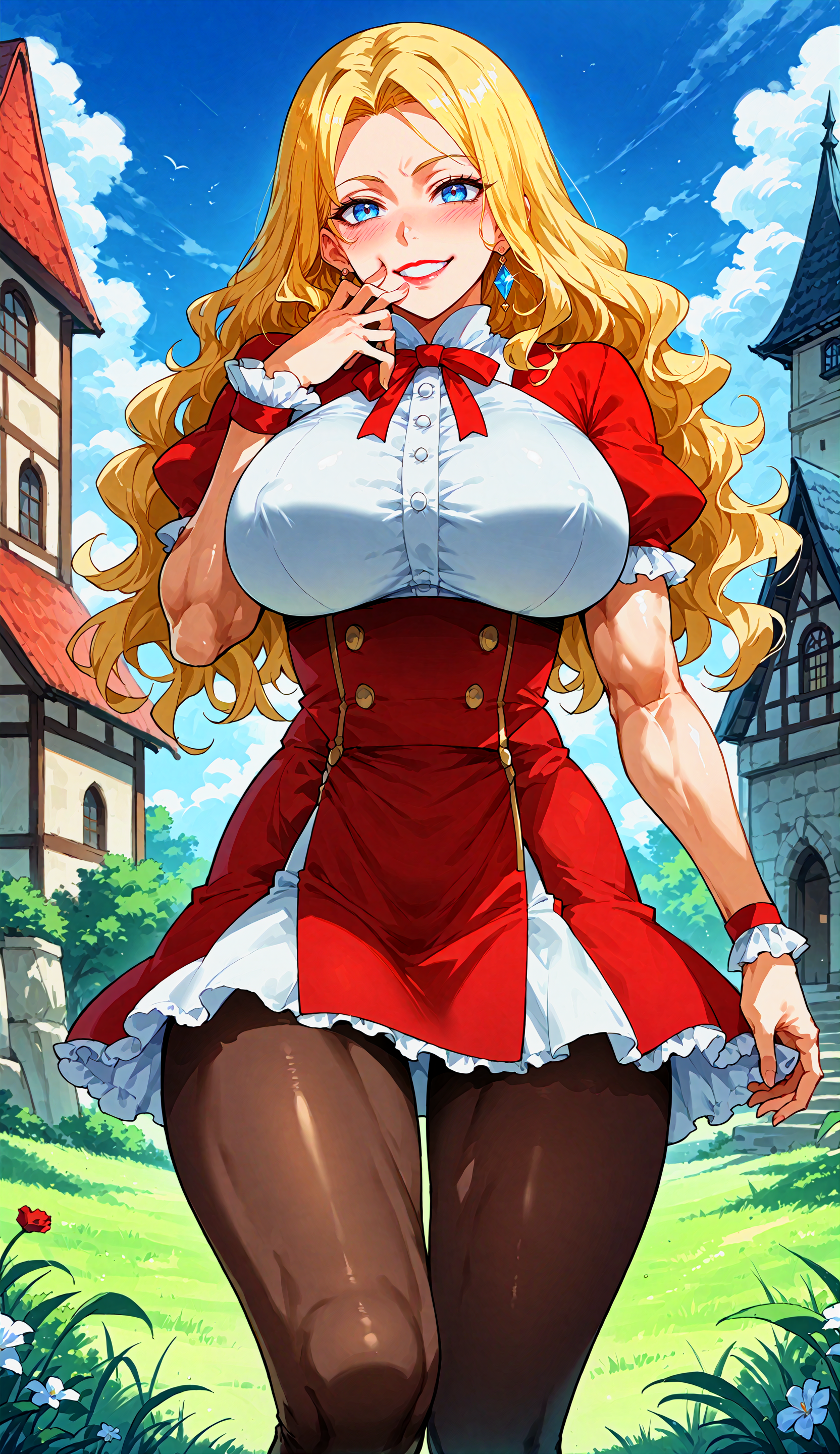 score_9, score_8_up, score_7_up, source_anime, 1girl, <lora:concept_expressiveHPDXL-jspp:0.85> Expressiveh, <lora:styleArtist_sunaharaWataru-NakedSpaceMan:1>,
looking at viewer, blonde hair, blue eyes, smirk, smug, smile, happy, long hair, (wavy hair:1.1), laughing, lip gloss, mascara, light blush, hand to mouth, mischievous,
<lora:concept_framedBreastsPDXL:0.55> frmdbreasts, (red high-waist skirt:1.1), large breasts, tight clothes, (oiled pantyhose:1.2), (thigh muscles:1.5), slim, frilly sleeves, frills, (suspender skirt:1.1), (biceps:0.9), (puffy nipples:1.2), (seams:1.1), neck ribbon with jewel, (jewelry:1.2), short sleeves, earrings, (ojou-sama pose:1.2), (thick thighs:1.1), (long legs:1.2), (swaying:1.1), white shirt, very tall, (big butt:1.1), (ojou-sama laugh:1.2), pov bullying, (leg focus:1.5), buttons, standing with legs apart, (contrapposto:1.1), suspenders, layered skirt, (red shrug \(clothing\):1.2),
outside, fantasy background, clocktower, blue sky, courtyard, grass,ââââââ