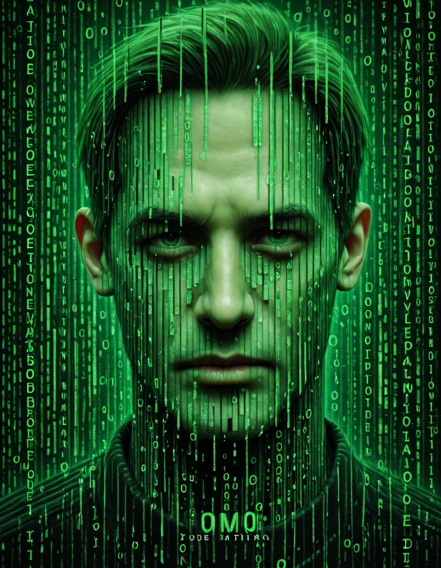 om0atrix0, 1boy, solo, male focus, realistic, green theme, glitch, text focus, code