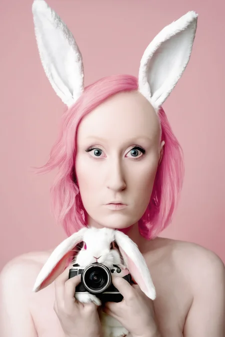 <lora:Photographer Flora Borsi Style:1>Photographer Flora Borsi Style - a woman with pink hair and bunny ears holding a white rabbit in front of her face