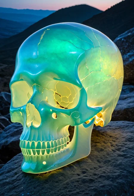 Fujifilm XT3, Sony A7 IV, (award winning photography) a delicate translucent skull made of opal set on a stone ledge in the early morning light, glistening. in the background beautiful valleys, divine iridescent glowing, opalescent textures, volumetric light, ethereal, sparkling, light inside body, bioluminescence, studio photo, highly detailed, sharp focus (highest quality: 1.39) (highest coherency: 1.39) (award winning photography), highly detailed photography, (muted colors, cinematic, dim colors, soothing tones:1.2), vibrant, insanely detailed, hyperdetailed, (dark shot:1.2), (vsco:0.3), (intricate details:0.9), (hdr, hyperdetailed:1.2) (vignette), sss