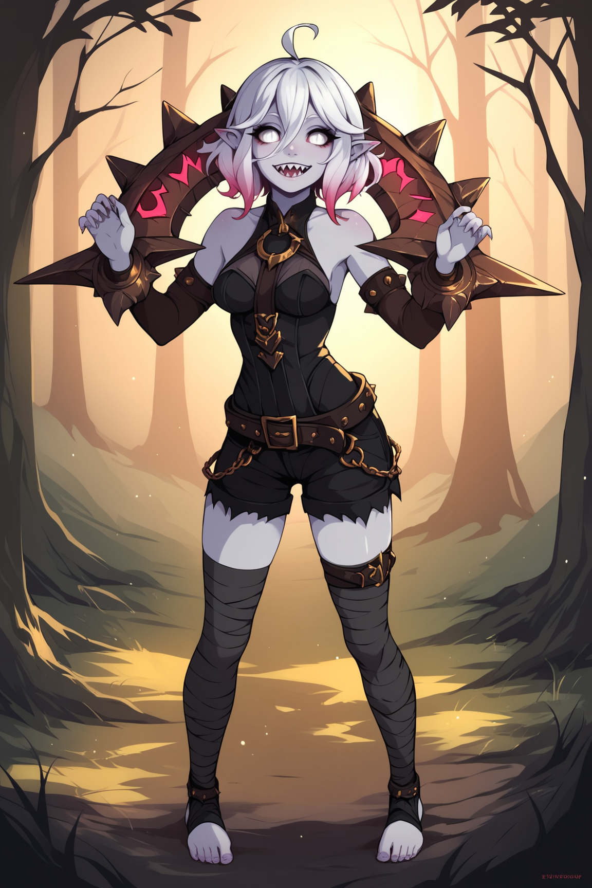 score_9, score_8_up, score_7_up, score_6_up, score_5_up, score_4_up, BriarLoLXL, white eyes, colored sclera, white hair, multicolored hair, gradient hair, short hair, hair between eyes, ahoge, pointy ears, sharp teeth, pale skin, grey skin, colored skin, medium breasts, bare shoulders, black thight dress, jewelry, detached sleeves, black shorts, belt, (black bandaged leg:1.2), black legwear, toeless legwear, y pose, spiked weapon (object), wrist on (object), united spiked weapon, single jewelry, runes, spiked weapon over shoulder, standing, seductive smile, looking at viewer, forest, tree <lora:BriarLoLXL:0.8>