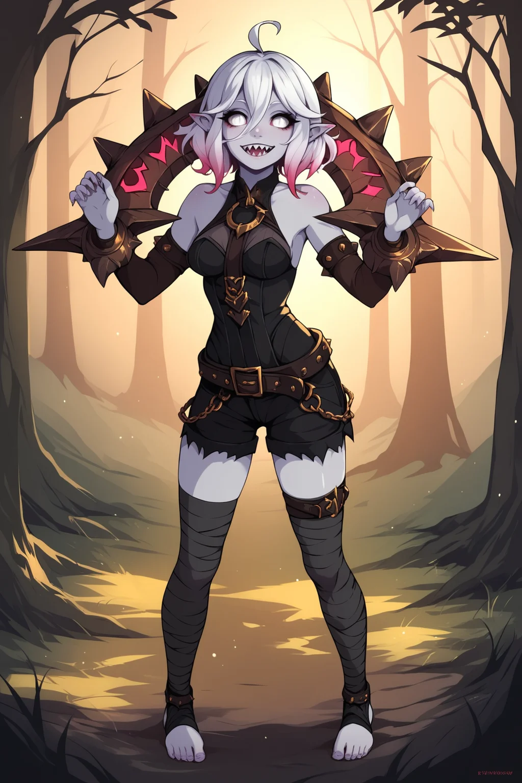 score_9, score_8_up, score_7_up, score_6_up, score_5_up, score_4_up, BriarLoLXL, white eyes, colored sclera, white hair, multicolored hair, gradient hair, short hair, hair between eyes, ahoge, pointy ears, sharp teeth, pale skin, grey skin, colored skin, medium breasts, bare shoulders, black thight dress, jewelry, detached sleeves, black shorts, belt, (black bandaged leg:1.2), black legwear, toeless legwear, y pose, spiked weapon (object), wrist on (object), united spiked weapon, single jewelry, runes, spiked weapon over shoulder, standing, seductive smile, looking at viewer, forest, tree <lora:BriarLoLXL:0.8>