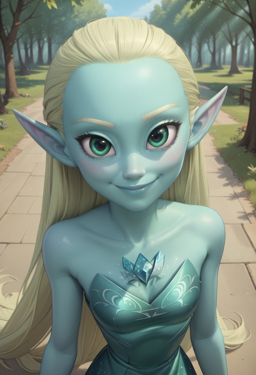 (forest background)),score_9, score_8_up, score_7_up,score_6_up, 
1girl, Solo, Sylph_HI, light turquoise skin, colored skin, green eyes, light blonde hair, light blonde eyebrows, long straight hair, pointy ears, blue triangle crystal on chest, strapless metallic teal dress, barefoot, smile, big eyes, cute face, close-up, face photo, perfect eyes