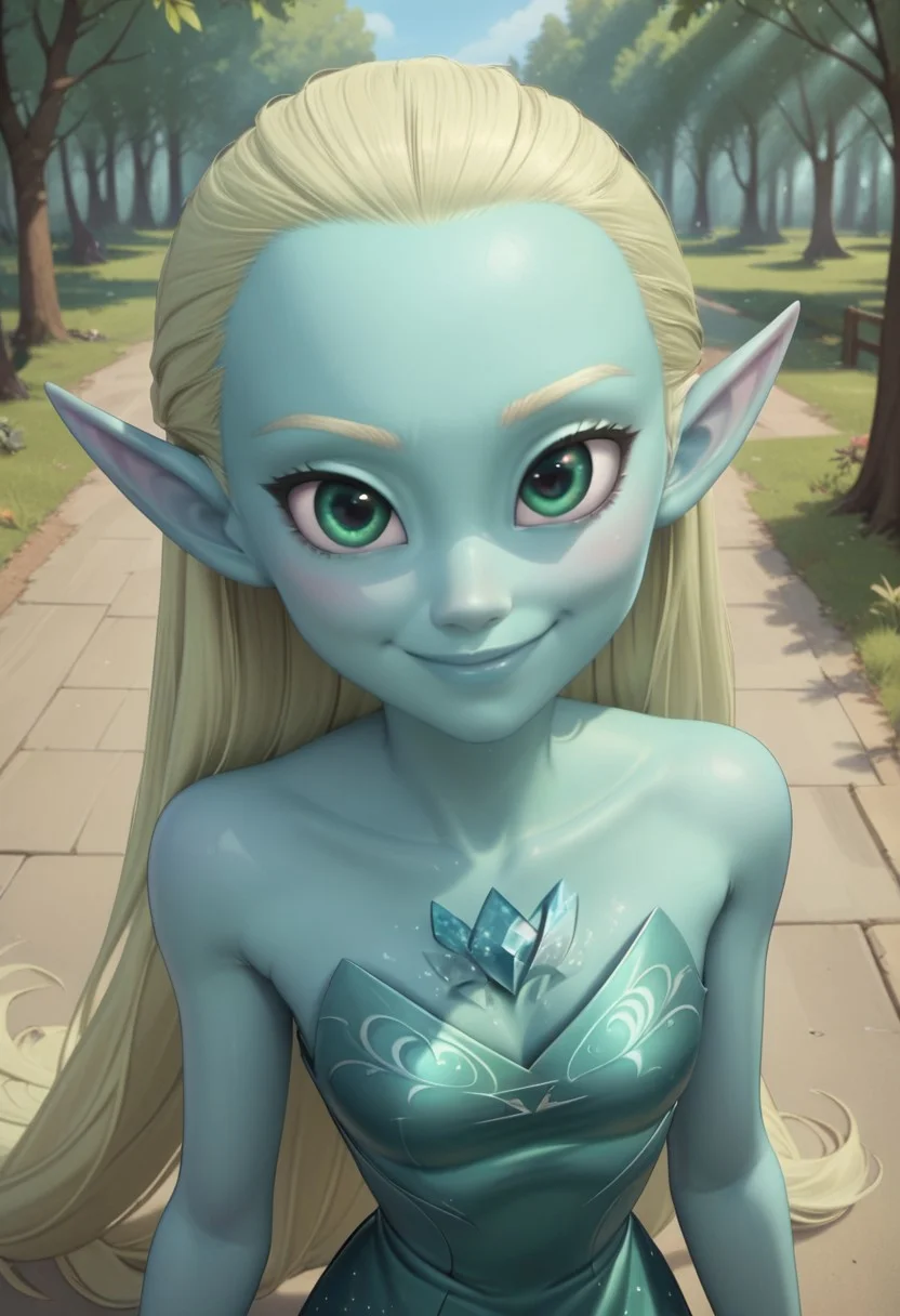 (forest background)),score_9, score_8_up, score_7_up,score_6_up,
1girl, Solo, Sylph_HI, light turquoise skin, colored skin, green eyes, light blonde hair, light blonde eyebrows, long straight hair, pointy ears, blue triangle crystal on chest, strapless metallic teal dress, barefoot, smile, big eyes, cute face, close-up, face photo, perfect eyes